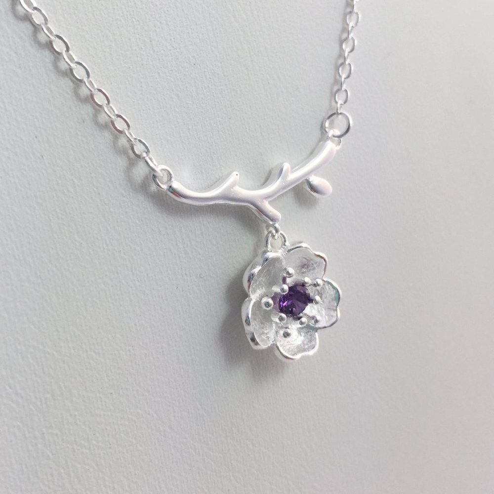 Jewelry necklace flower nature purple 925 sterling silver elegant minimalist new